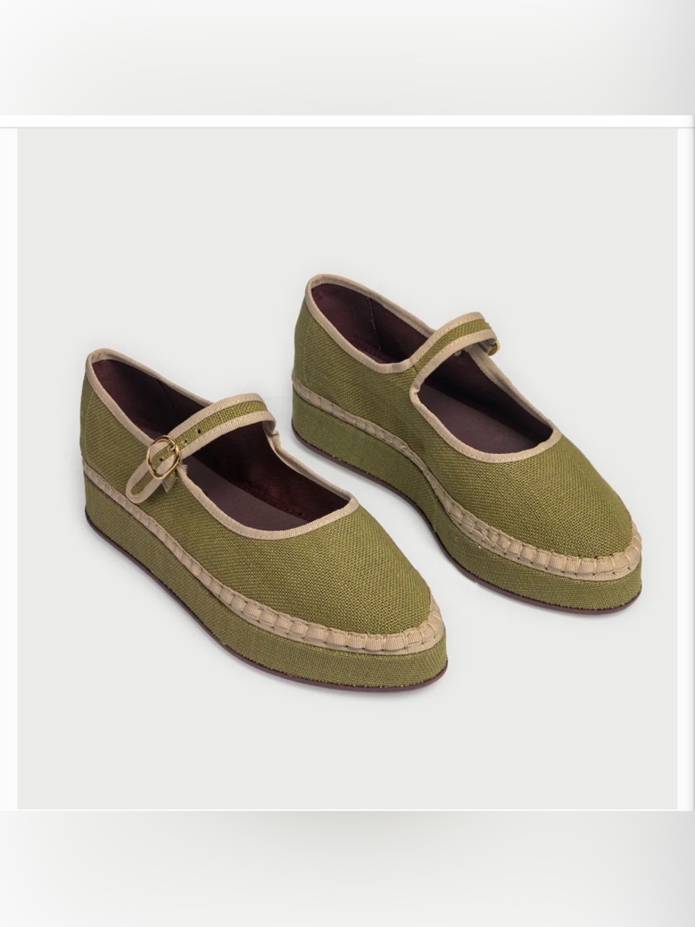 Flabelus Olive Green Mary Jane Platform Flats with Tan Trim- mint condition
